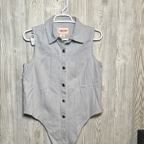 Lone Star Blue & White Striped Sleeveless Western Front Tie Button Down Top Sz M - Picture 1 of 4